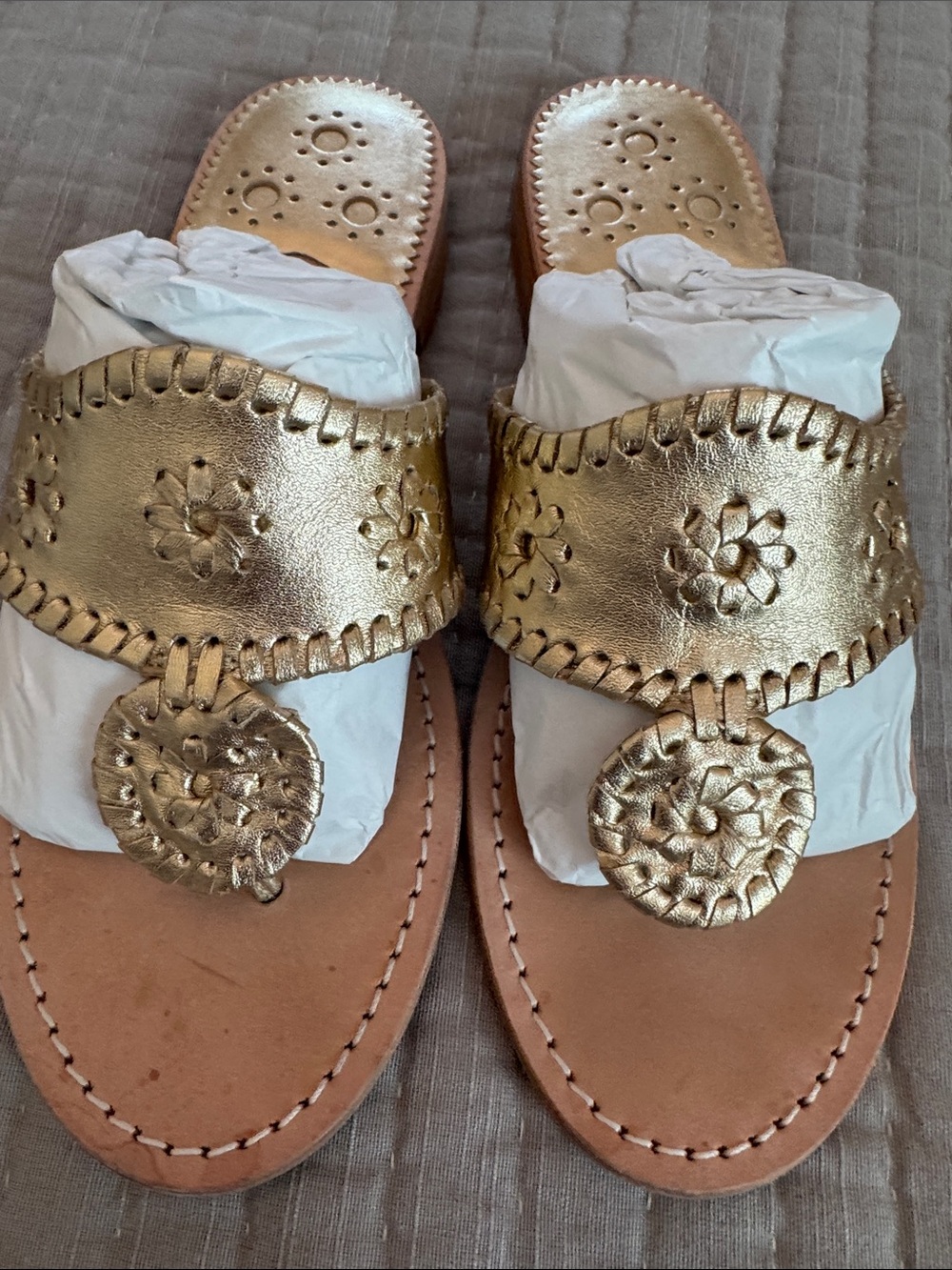 Jack Rogers Gold Metallic Leather Slide Sandals with Medallion